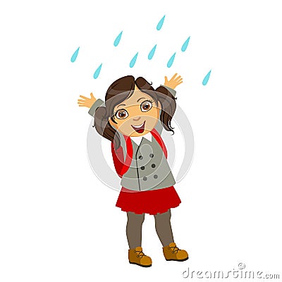 Girl In School Uniform, Kid In Autumn Clothes In Fall Season Enjoyingn Rain And Rainy Weather, Splashes And Puddles Vector Illustration