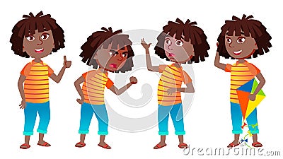 Girl Schoolgirl Kid Poses Set Vector. Black. Afro American. High School Child. Secondary Education. Young, Cute, Comic Vector Illustration