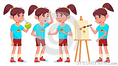Girl Schoolgirl Kid Poses Set Vector. High School Child. Secondary Education. Educational, Auditorium, Lecture. For Card Vector Illustration