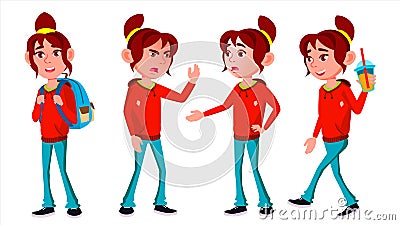 Girl Schoolgirl Kid Poses Set Vector. High School Child. Child Pupil. Subject, Clever, Studying. For Presentation, Print Vector Illustration