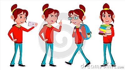 Girl Schoolgirl Kid Poses Set Vector. High School Child. Secondary Education. Educational, Auditorium, Lecture. For Vector Illustration