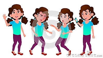 Girl Schoolgirl Kid Poses Set Vector. High School Child. School Student. Cheer, Pretty, Youth. For Presentation, Print Vector Illustration