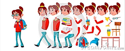 Girl Schoolgirl Kid Vector. High School Child. Animation Creation Set. Emotions, Gestures. School Student. Expression Vector Illustration