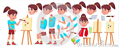 Girl Schoolgirl Kid Vector. High School Child. Animation Creation Set. Face Emotions, Gestures. Child Pupil. Subject Vector Illustration