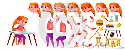 Girl Schoolgirl Kid Vector. Redhead. High School Child. Animation Creation Set. Face Emotions, Gestures. Young, Cute Vector Illustration