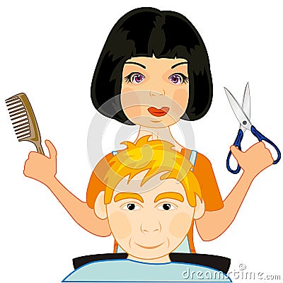 Girl the hairdresser does hairstyle to man Vector Illustration