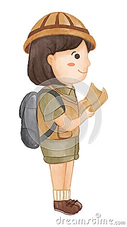 Girl scout with hiking suit hold map . Realistic watercolor paint with paper textured . Cartoon character design . Vector Vector Illustration