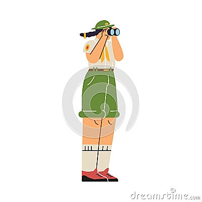 Girl in scout uniform looks through binoculars, vector cartoon summer camp scout character, explorer activities survival Vector Illustration