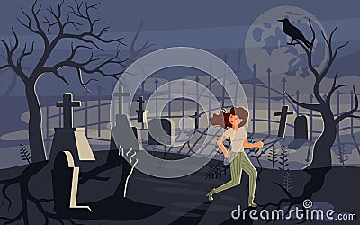Girl screaming in horror and running away from the zombie Vector Illustration