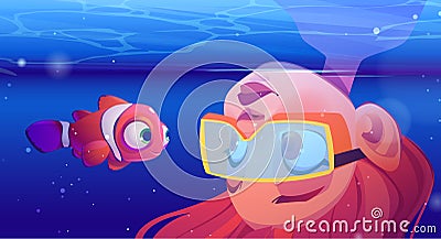 Girl scuba diver watch at clown fish in sea Vector Illustration