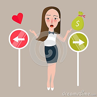 Girl select between love or money direction different choices Vector Illustration