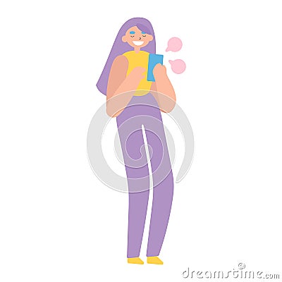 Girl sends messages on smartphone and smiling Vector Illustration