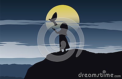 Girl set bird to freedom stand on cliff on silent evening time and full moon Vector Illustration