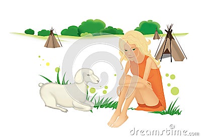 Girl shepherd sheep sits near a hut in a field. Isolated on a white background Stock Photo