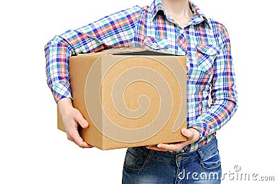 Girl in a shirt and jeans holds a large cardboard box. White isolate Stock Photo