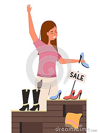 A girl with a shoe is raising her hand. Shopper in a footwear shop. Woman on sale in the store Vector Illustration