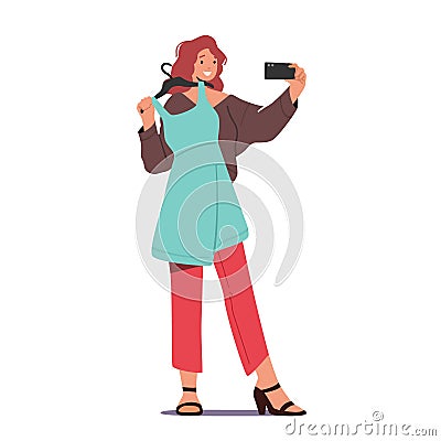 Girl Shoot herself in Dress in Store to get Personal Fashion Stylist Advice while Choose Stylish Clothes via Smartphone Vector Illustration