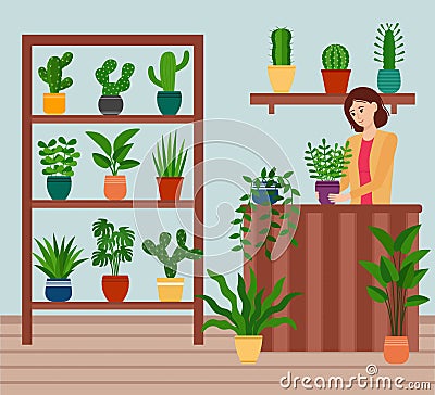 Girl shop assistant stands at the table in shop with houseplants, vector illustration Vector Illustration