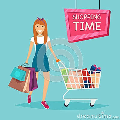 Girl with shopping bags and cart for shopping from the store. Sa Vector Illustration