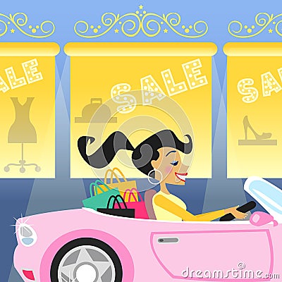 Girl shopping in car Vector Illustration