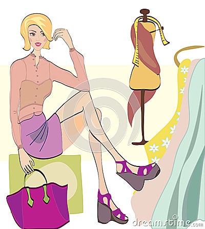 Girl on Shopping. Fashion Shop with Clothes and Fa Vector Illustration