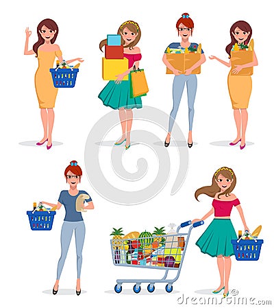 Girl shopping vector character set. Woman shopper happy holding shopping bags Vector Illustration