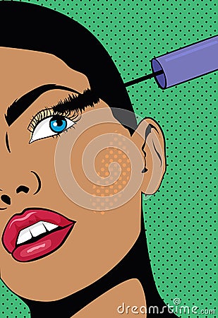 A Girl with a short hair doing make up. Woman holds a hand with mascara near the eyes. Illustration with a girl in pop Vector Illustration