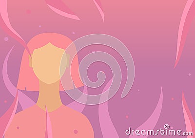 Girl with short pink hair on purple gradient background with plants and fireflies. 2d illustration template, flat design Vector Illustration