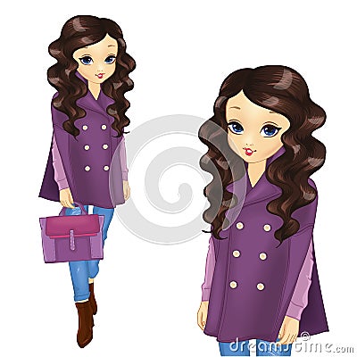 Girl In Short Purple Coat Vector Illustration