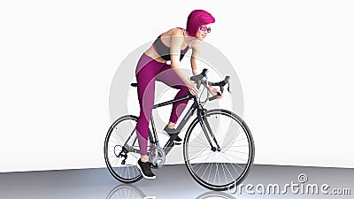 Girl with short purple hair on bicycle, athletic woman in sports outfit riding a bike on white background, 3D render Stock Photo