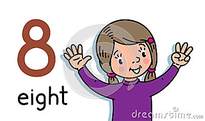Girl showing eight by hand Counting education card Vector Illustration