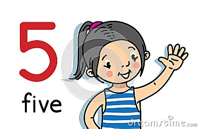 Girl showing five by hand. Counting education card Vector Illustration