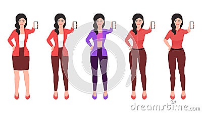 Girl showing mobile screen and other hand on waist, flat character vector illustration set Vector Illustration