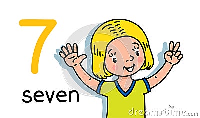 Girl showing seven by hand Counting education card Vector Illustration