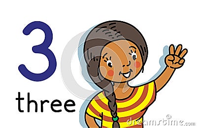 Girl showing three by hand Counting education card Vector Illustration