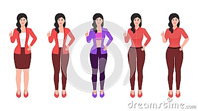 Girl showing thumbs up gesture and other hand on waist, flat character vector illustration set Vector Illustration