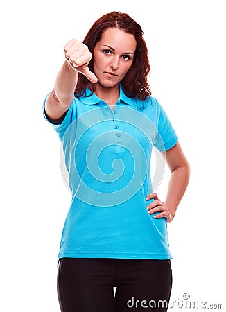 Girl shows gesture with thumb down Stock Photo