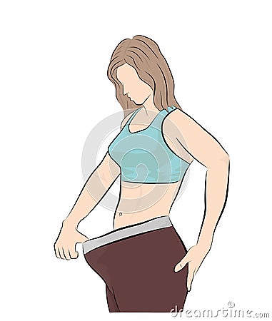 The girl shows that her pants are great. weight loss concept. vector illustration. Vector Illustration