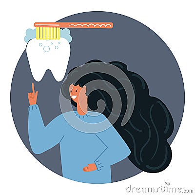 Girl shows that it is important to brush your teeth every day. Cartoon Illustration