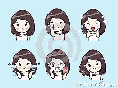Clean face and mask treatment cute girl. Vector Illustration