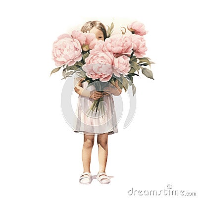 the girl shyly covered her face with a bouquet of flowers Stock Photo