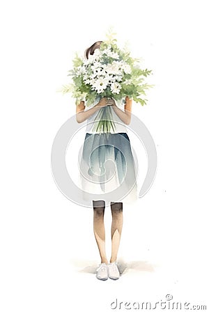 the girl shyly covered her face with a bouquet of flowers Stock Photo