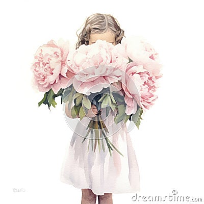 the girl shyly covered her face with a bouquet of flowers Stock Photo