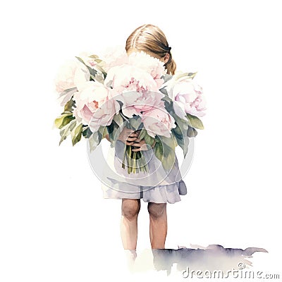 the girl shyly covered her face with a bouquet of flowers Stock Photo