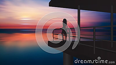 Girl silhouette enjoying the sunset from a balcony above the water Vector Illustration