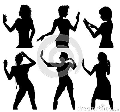 Girl silhouettes taking selfie with smart phone Vector Illustration