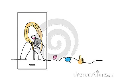Girl sing on microphone, karaoke. Simple vector illustration, background. Social media influencer, cover song singer Vector Illustration