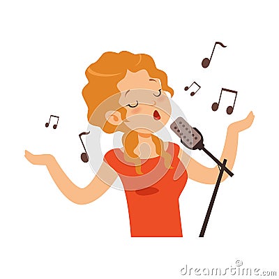 Girl singing with microphone, singer character cartoon vector Illustration Vector Illustration