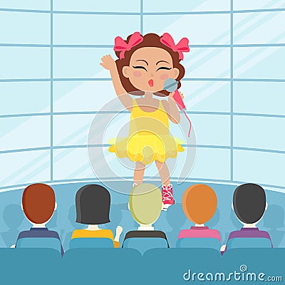 Girl Singing Song in Front of Audience. Vector Vector Illustration