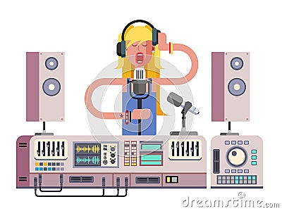 Girl singing in sound recording studio Vector Illustration